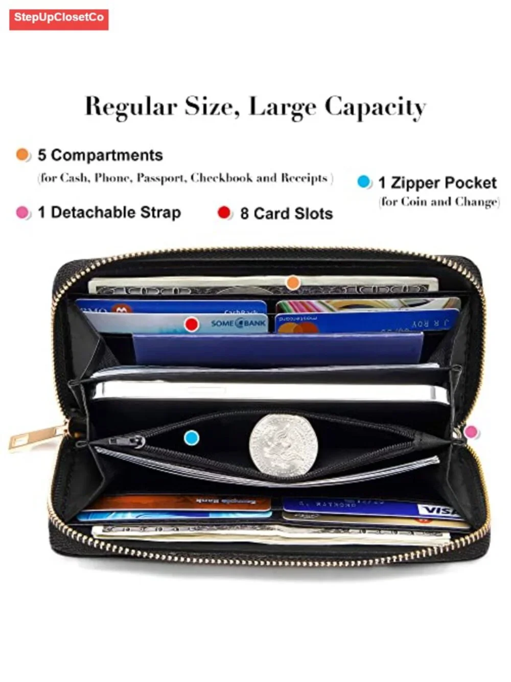 RFID Blocking PU Leather Wristlet Wallet with Phone Holder, Zip Around Clutch